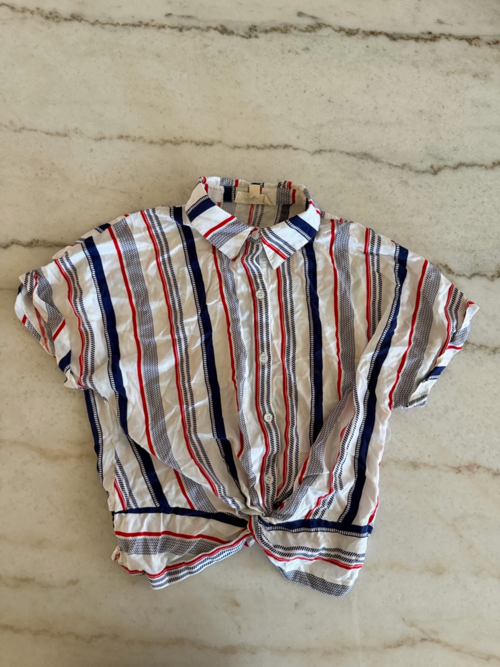 Striped Button-Front Short Sleeve Top - White with Navy & Red